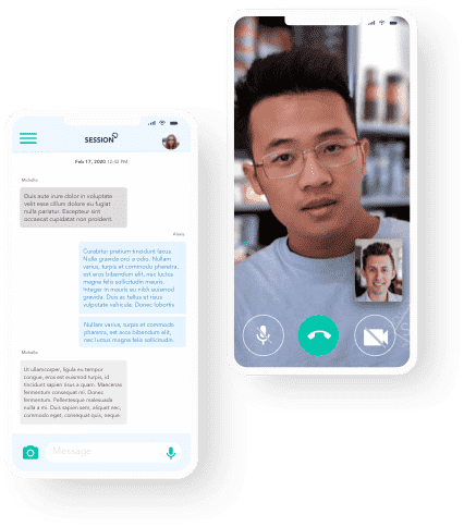 Phone with a man using video chat and phone with a chat conversation